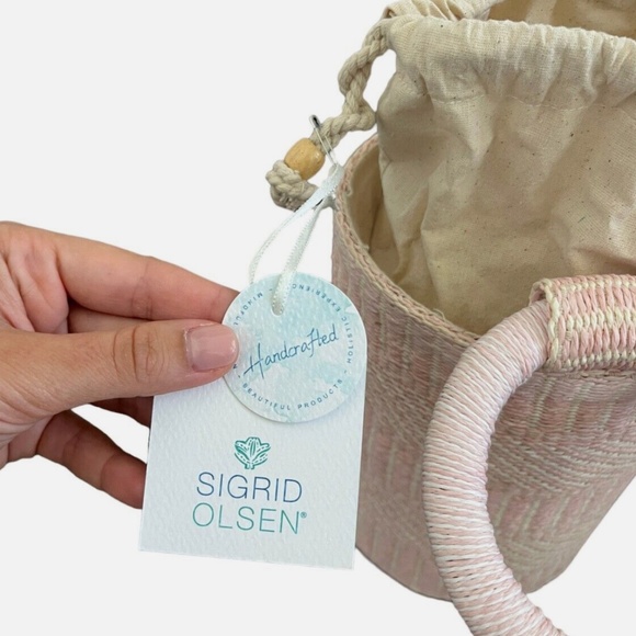 SIGRID OLSEN Woven Pink & Cream Bucket Handbag Purse Tote Beach Fashion NWT - Picture 7 of 14